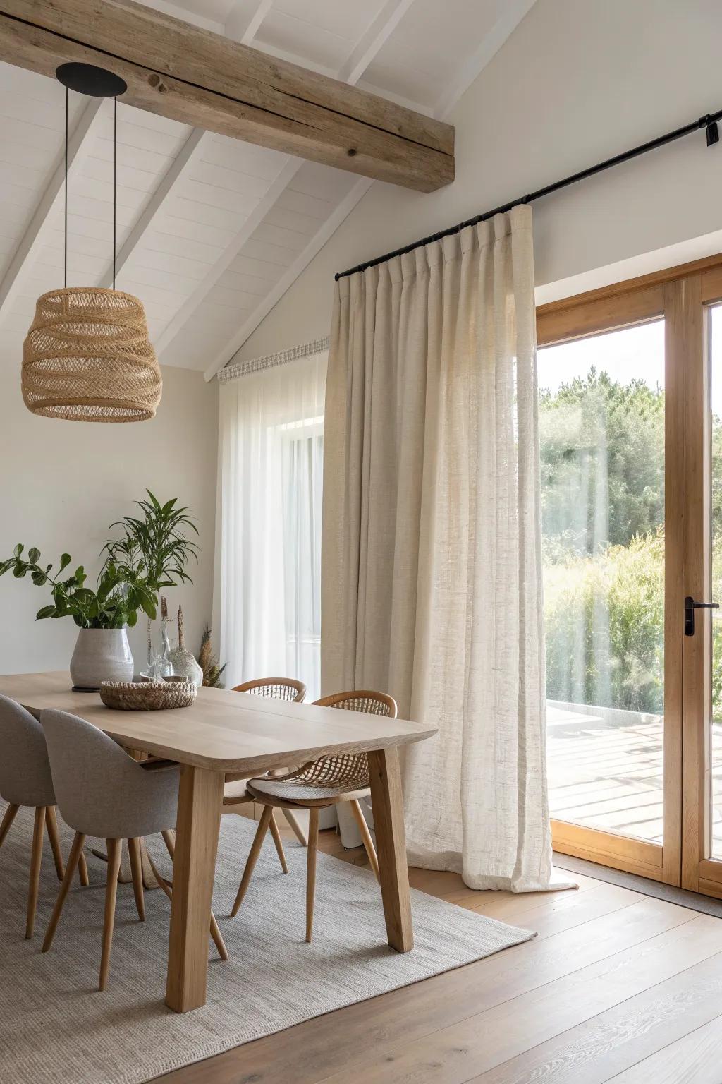 Hang linen panels at the ceiling—taller walls, softer light, instant dining room drama.