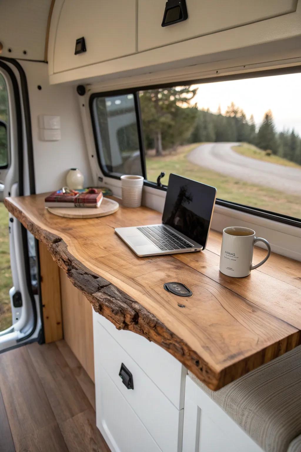 A live-edge wood desk in your van adds earthy character and handcrafted calm on the road.