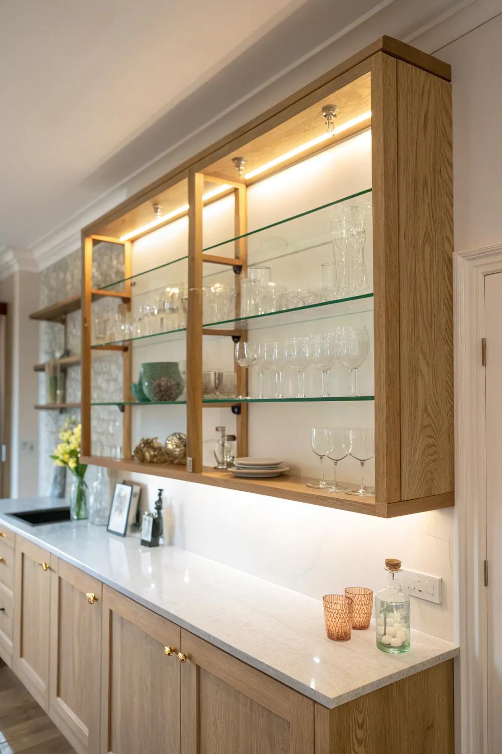 Light oak + glass shelves with warm glow—an airy back bar look where glassware seems to float.