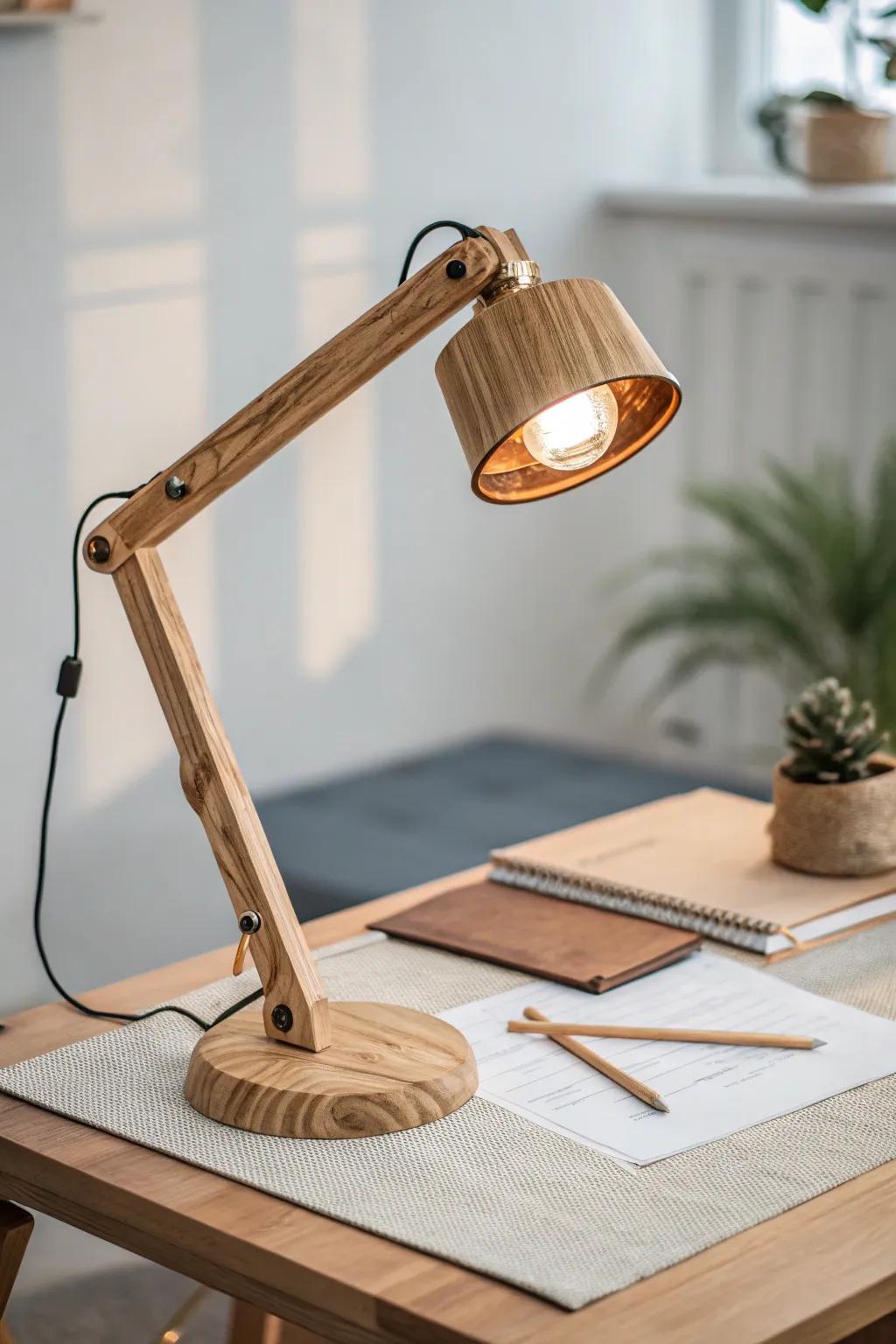 Warm task lighting: a handcrafted wooden desk lamp that makes late-night work feel cozy.