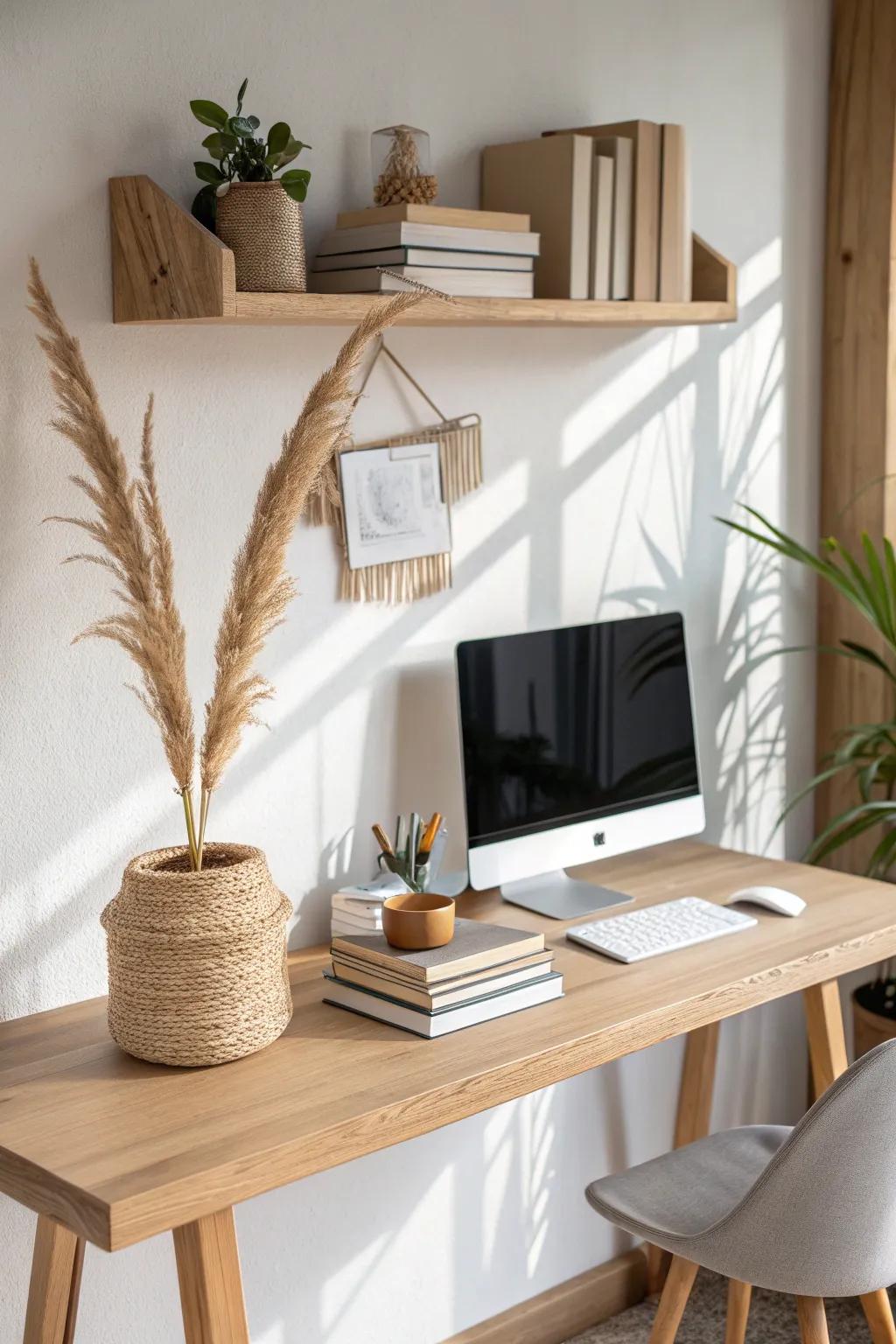 Floating oak shelf above the desk—vertical storage that keeps your workspace calm and open.