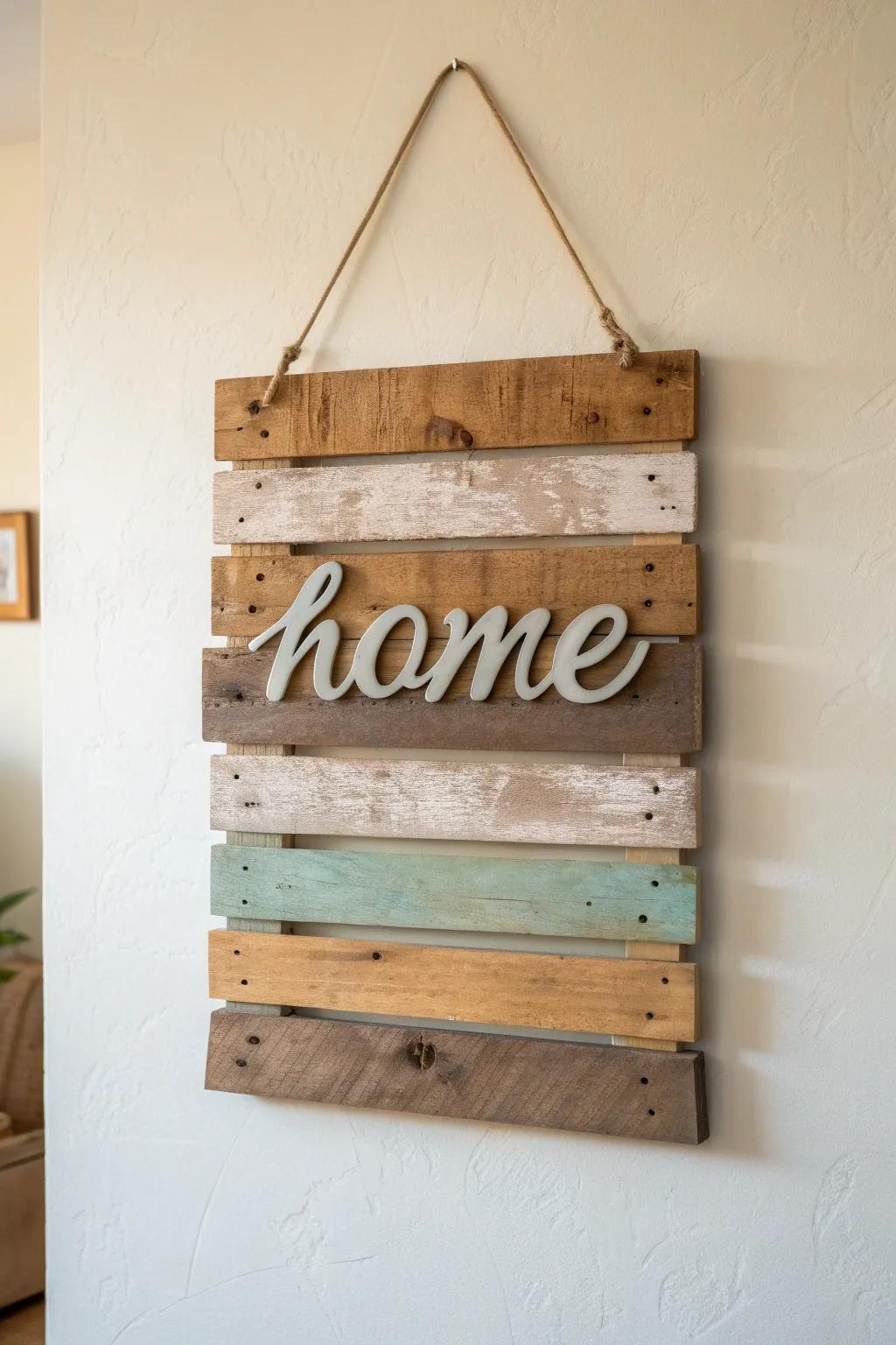 Rustic reclaimed pallet slat HOME sign—minimal, boho-leaning, and full of one-of-a-kind character.