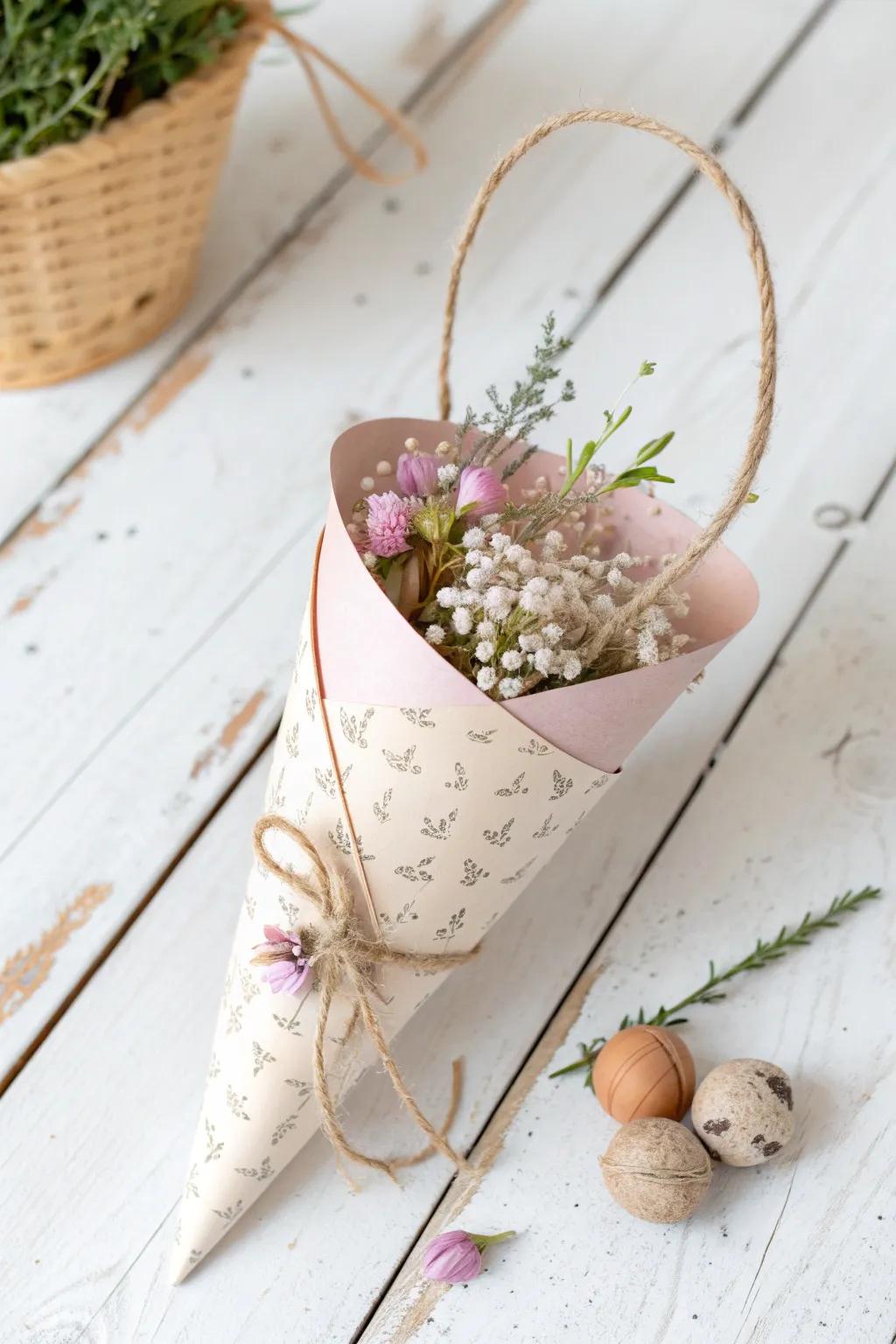 Transform a party hat into a charming May Day cone basket – simplicity meets natural beauty.