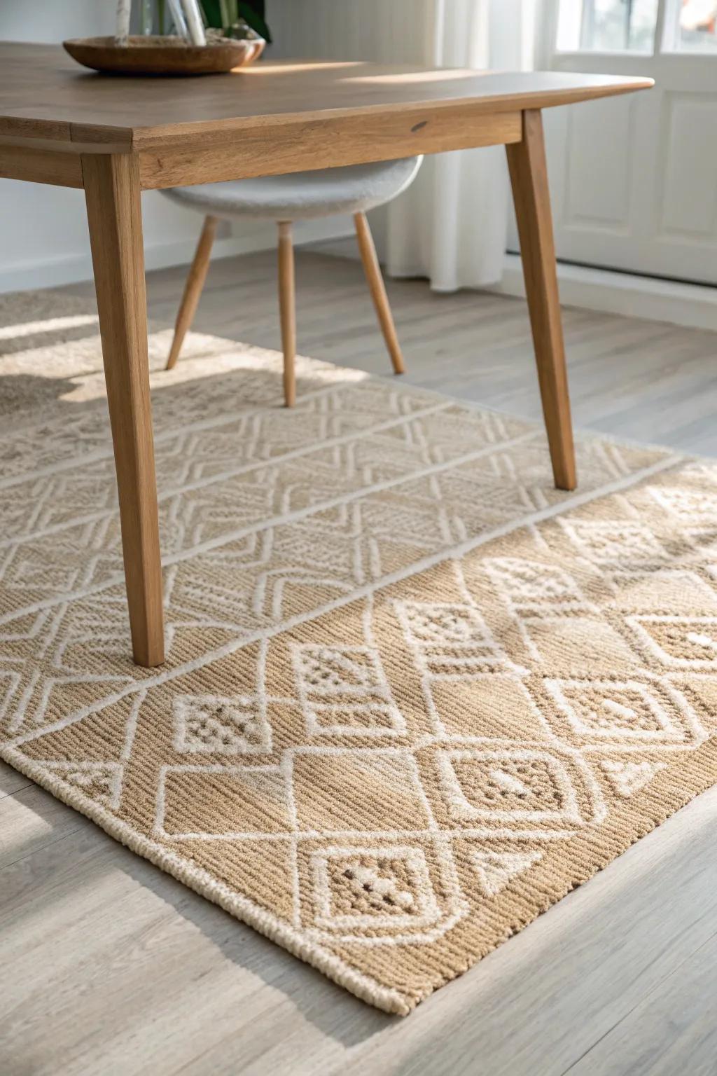 Define school time with a woven rug zone under the table—easy to shake out and vacuum.