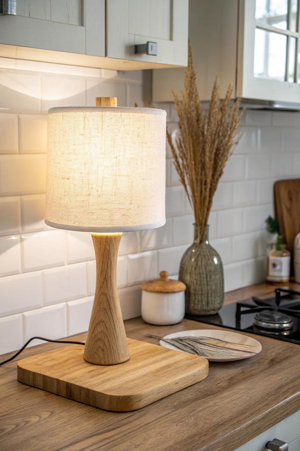A small countertop lamp adds warm, homey glow—softer than harsh overhead kitchen lighting.