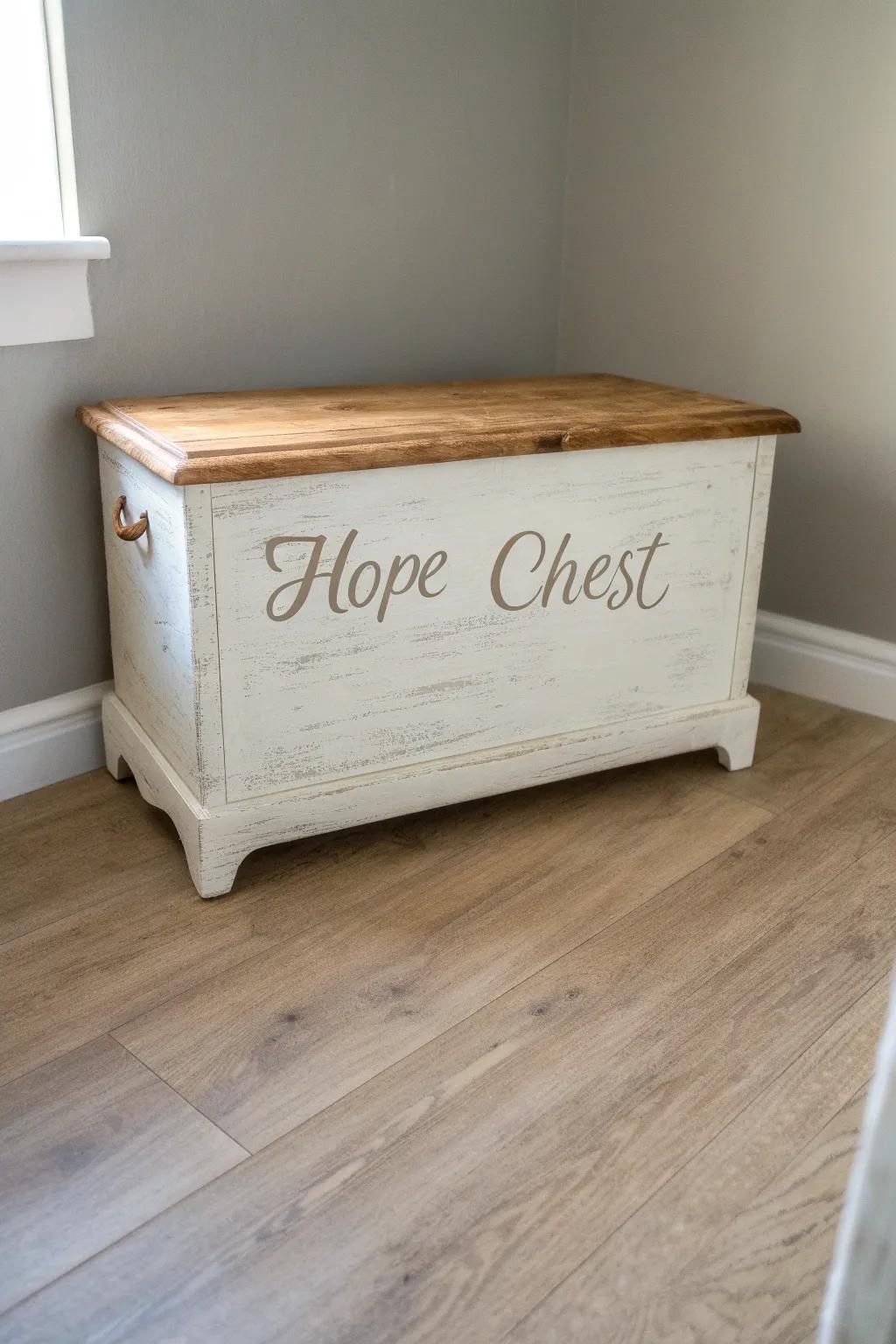 Creamy painted cottage hope chest with softly sanded edges and personalized lettering.