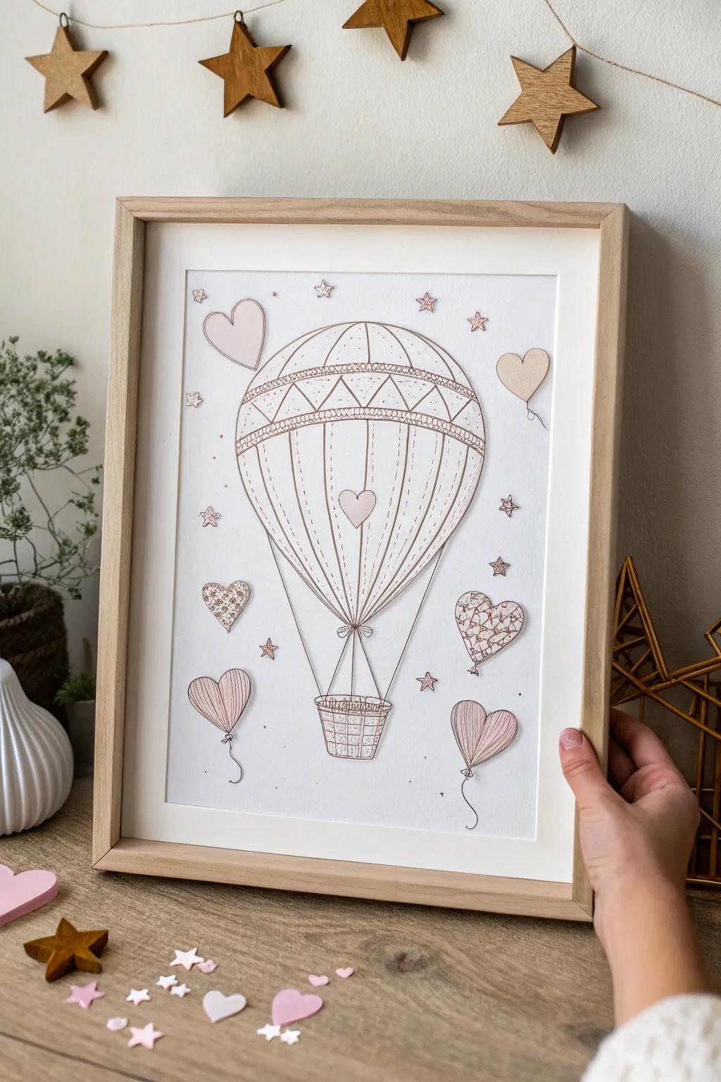 Elevate your imagination with whimsical hearts and stars in this minimalist hot air balloon drawing.