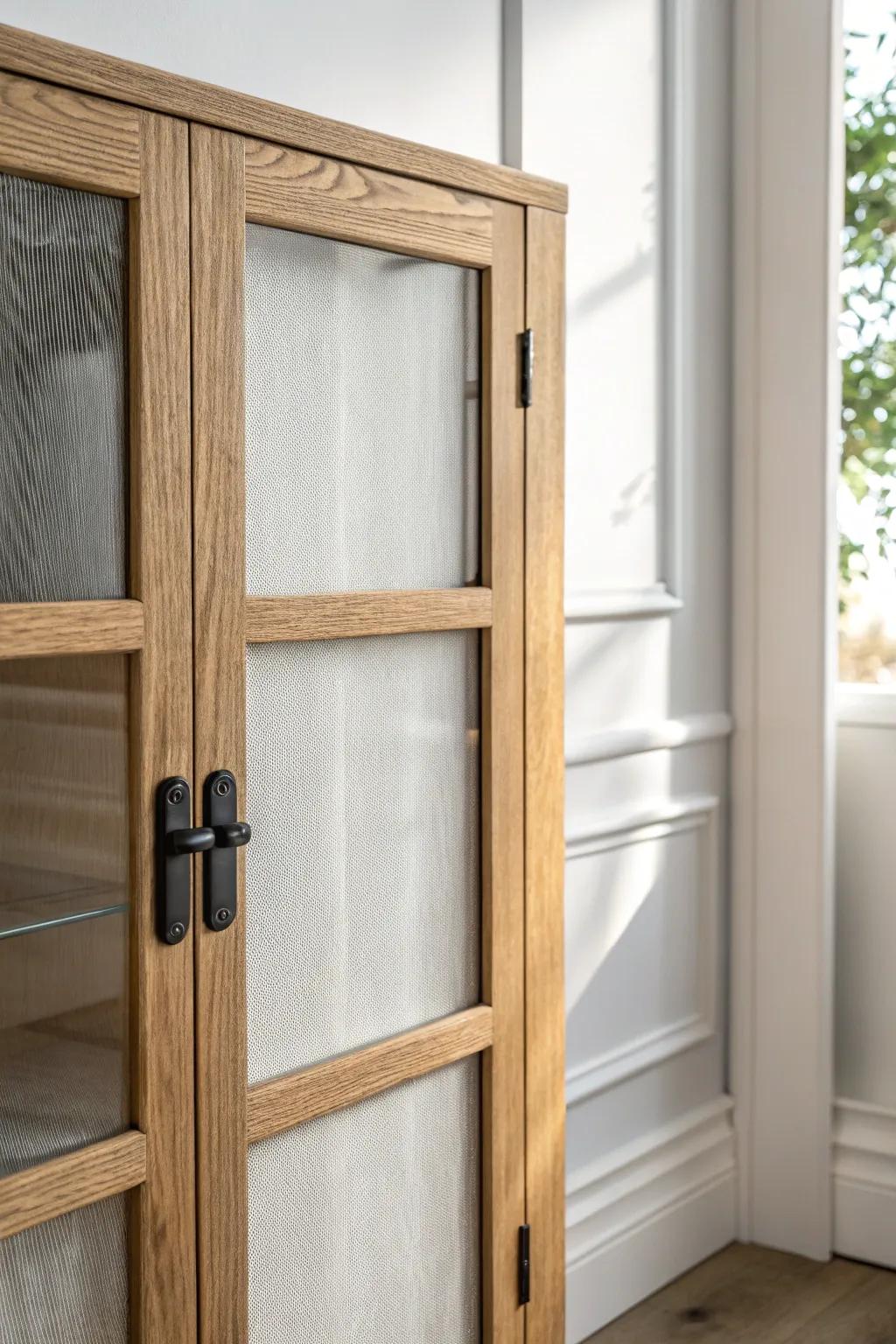 Budget upgrade: peel-and-stick contact paper turns glass doors into chic, hidden storage.