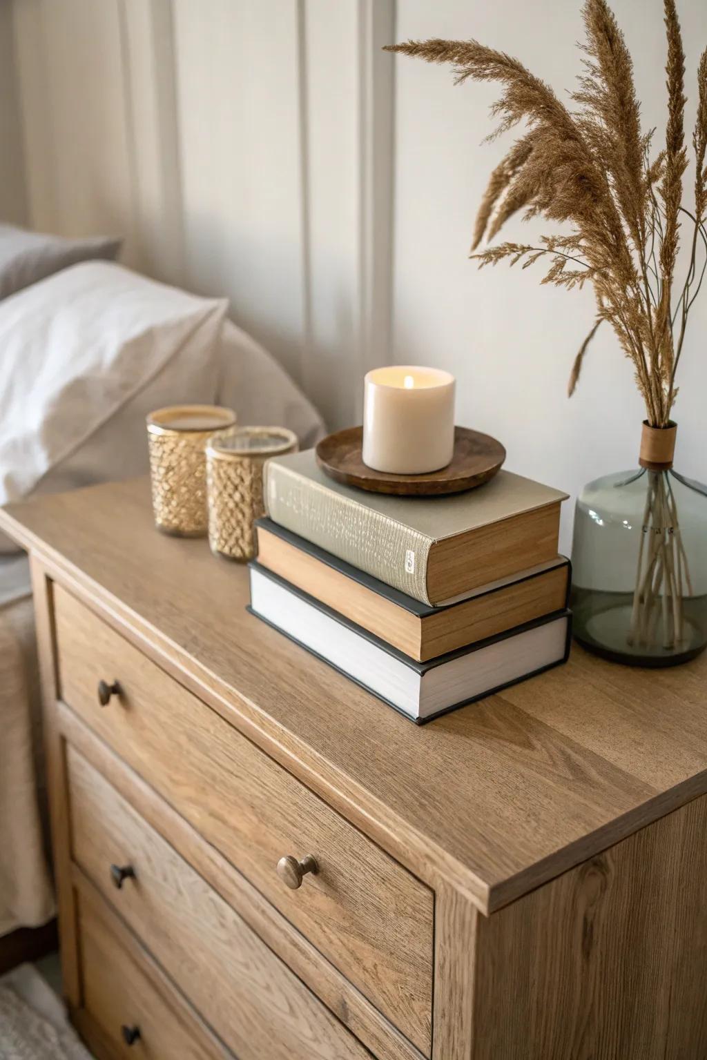 Stack thrifted hardcovers to lift a candle and add effortless height on your dresser.
