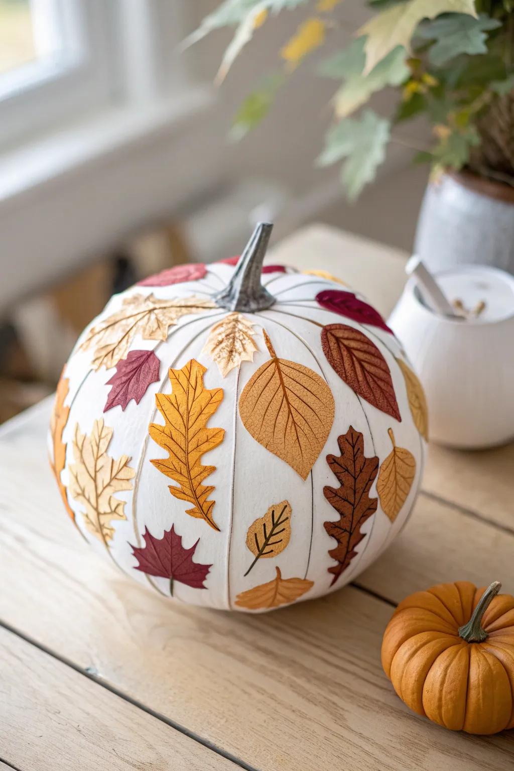 Embrace the beauty of fall with a nature-inspired leaf collage on your paper pumpkin.