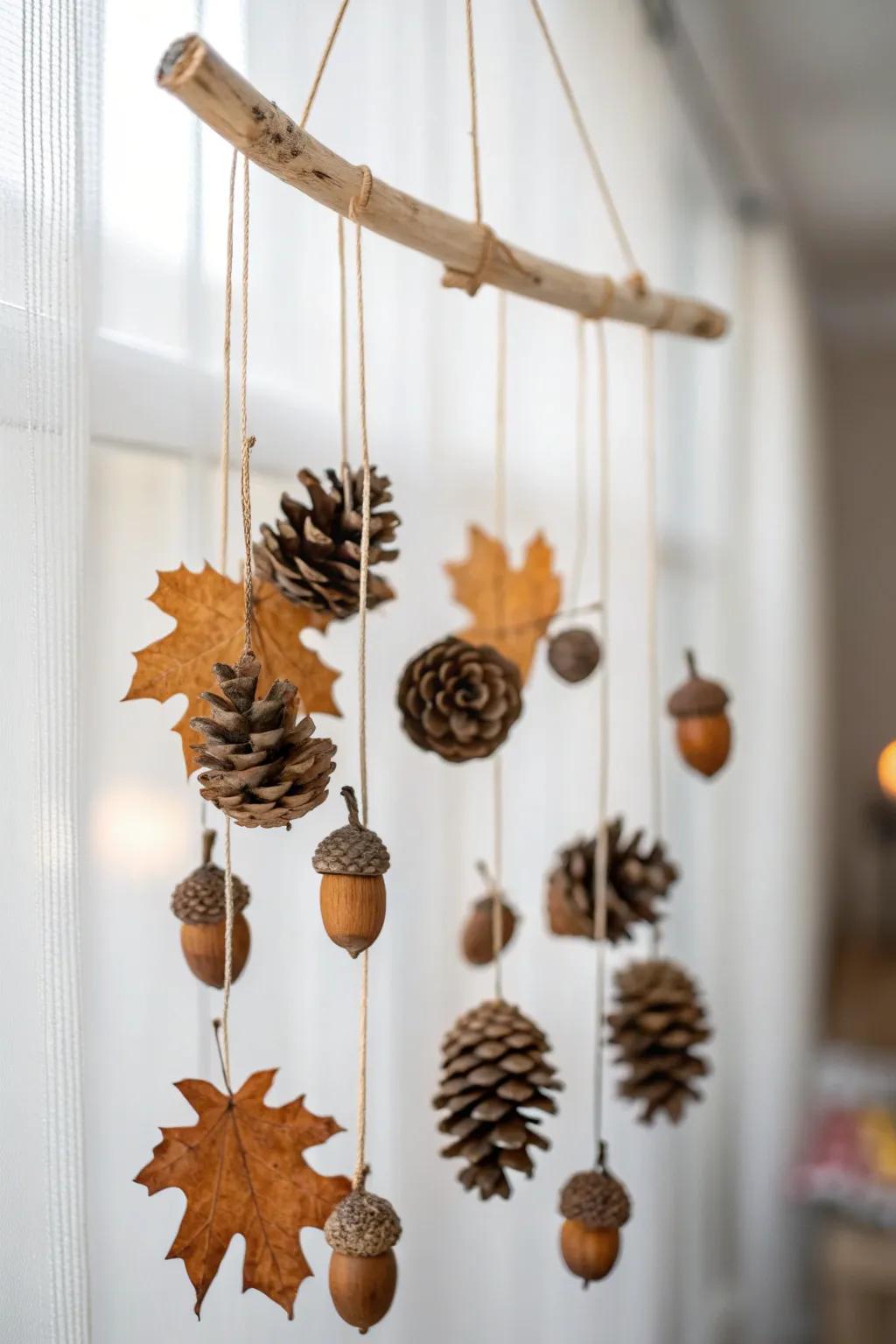 Embrace autumn's beauty with a handcrafted mobile of pinecones and acorns.