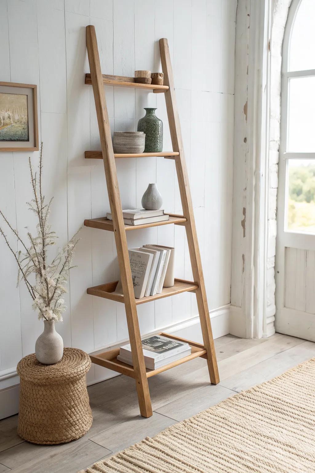 A light oak leaning ladder shelf keeps books airy, stable, and beautifully minimal.