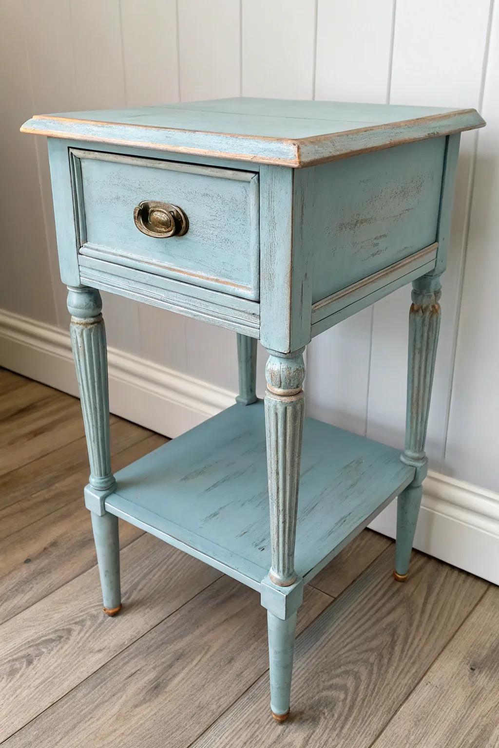 Dusty pale blue + gently aged hardware for a light, airy vintage-cottage end table.