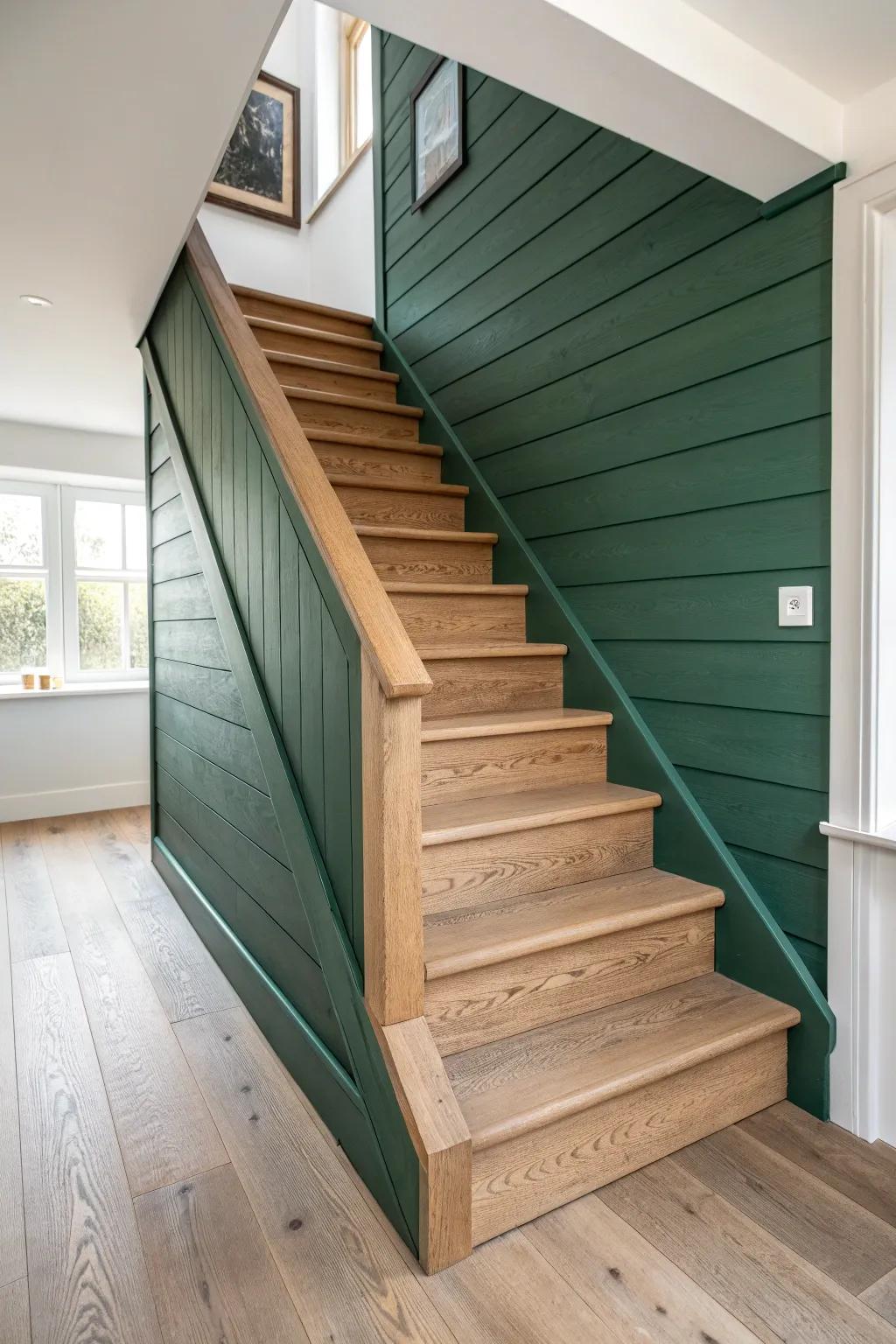 Deep green landing accent wall matched to stair treads for a bold, cohesive wraparound moment.