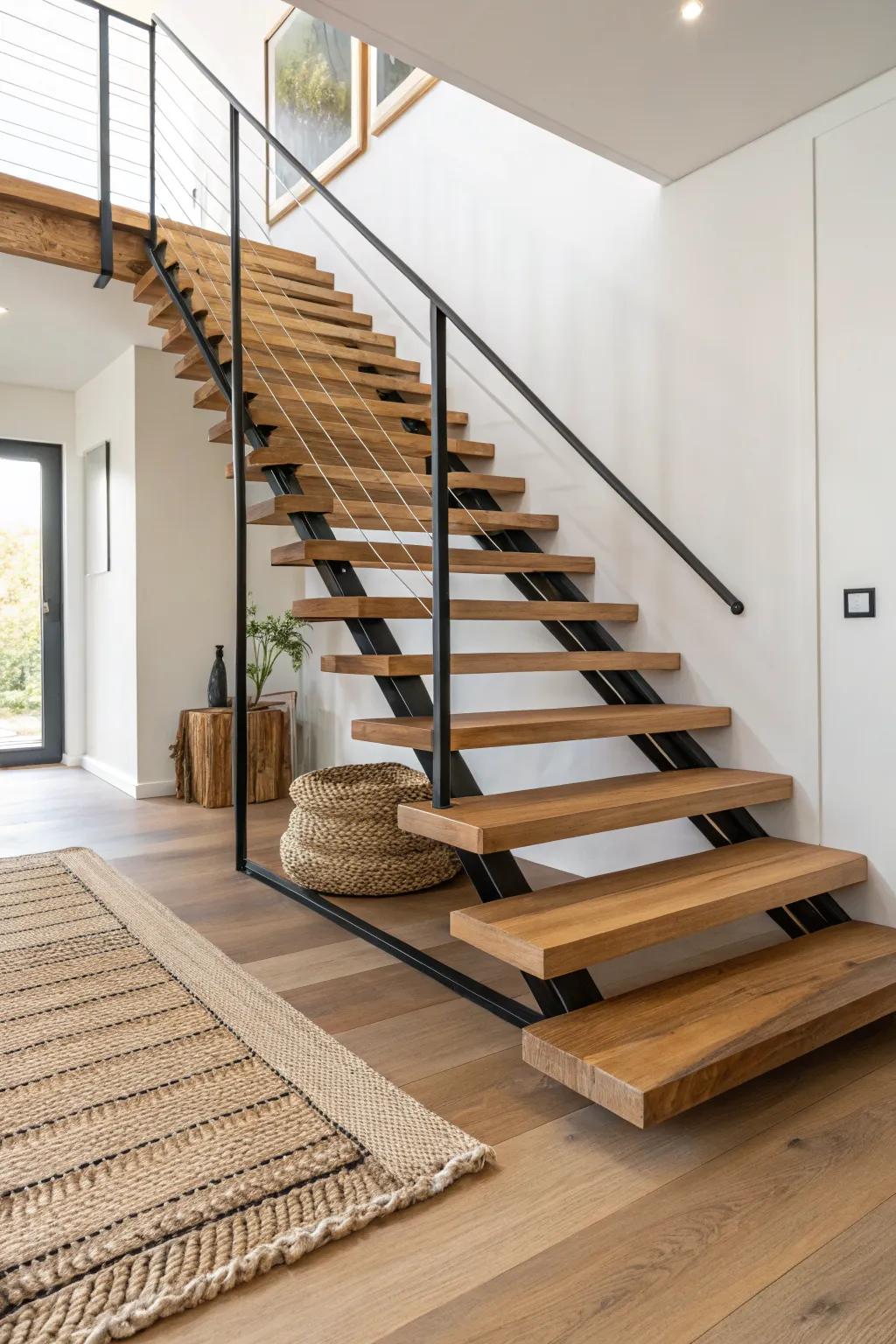 Airy open-riser oak treads with bold grain—minimal, modern, and perfectly light in small rooms.