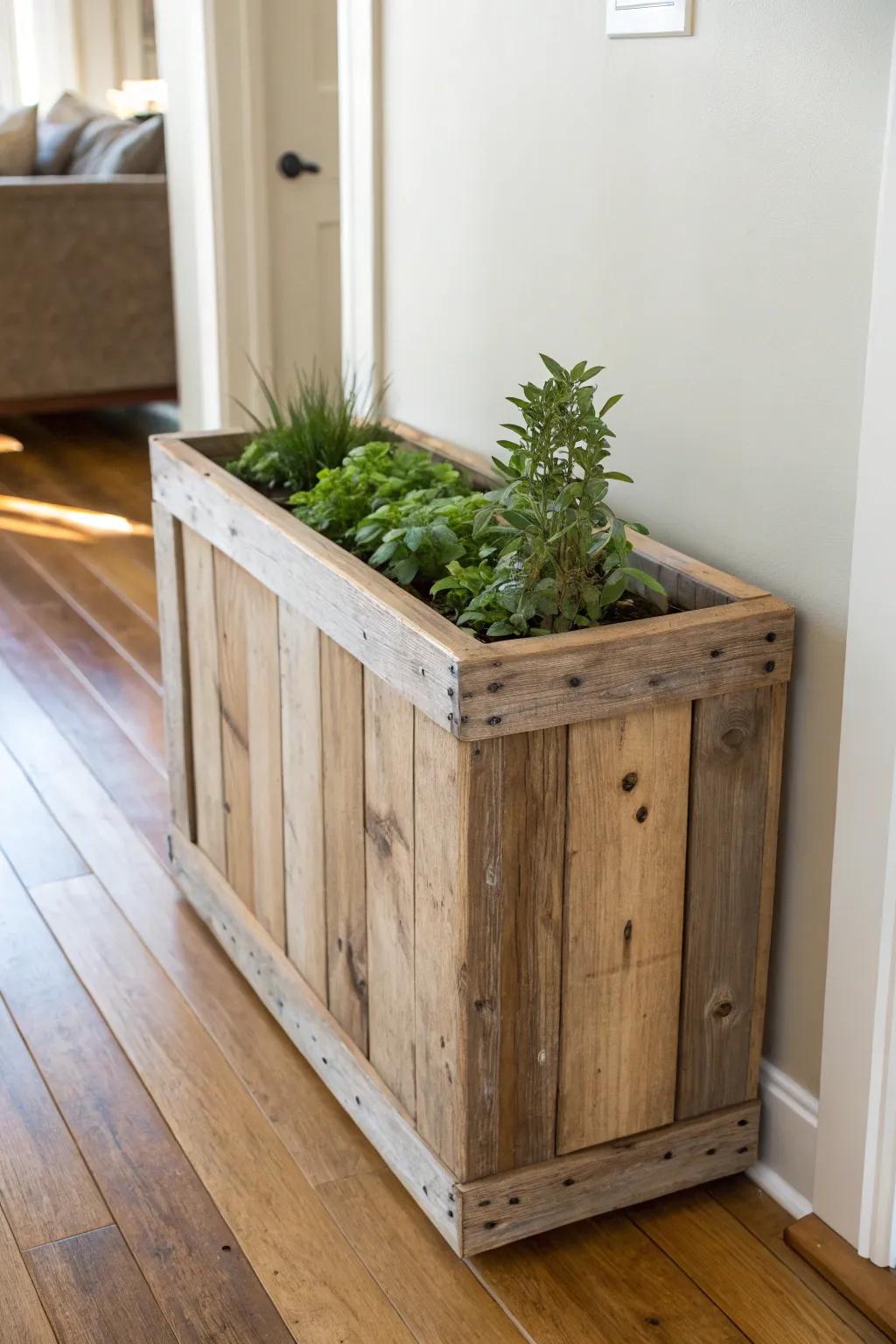 Reclaimed wood entryway planter: minimal, sturdy, and softly styled for a warm welcome.