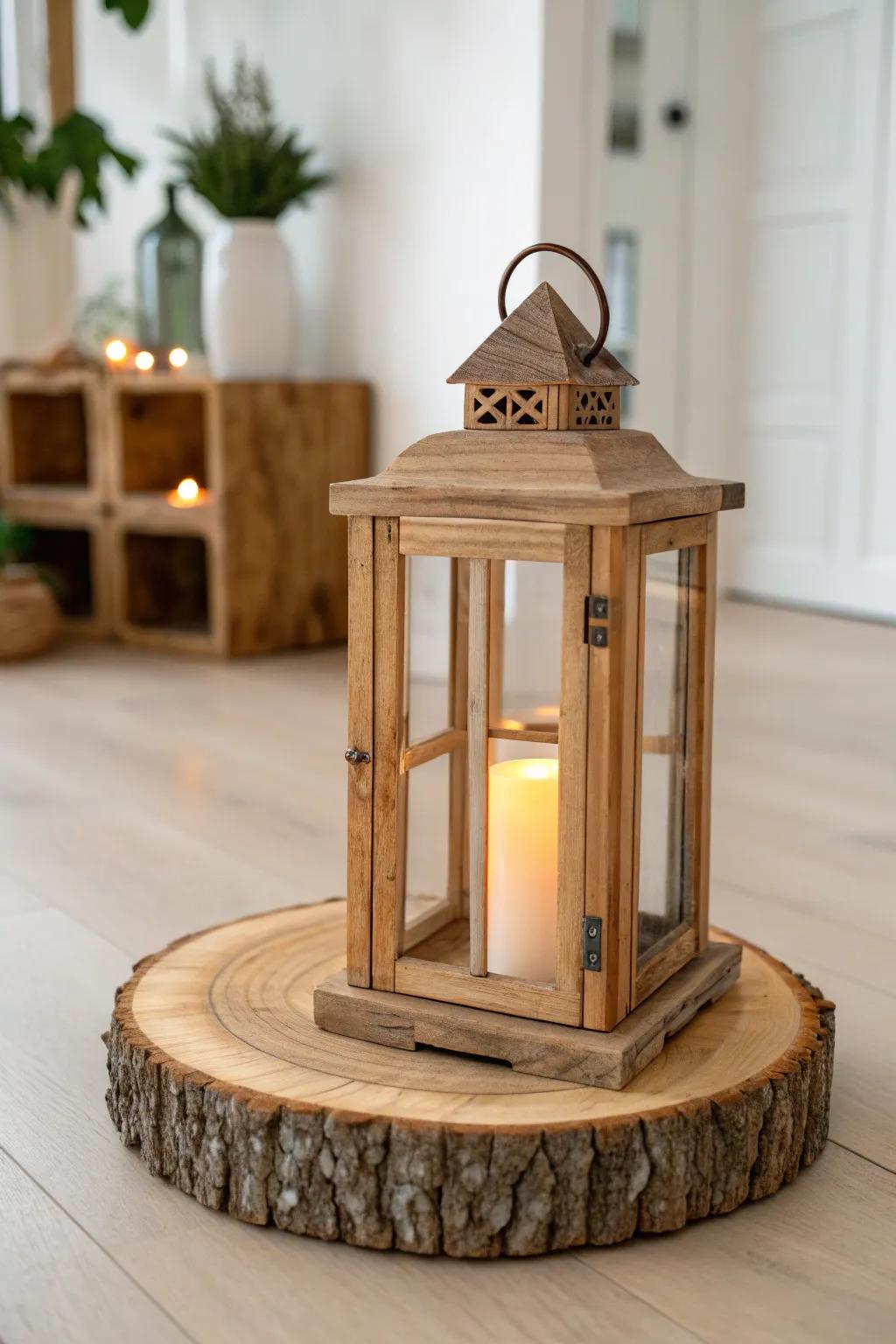 A lantern-lit indoor aisle moment—warm candle glow on natural wood, rustic and refined.