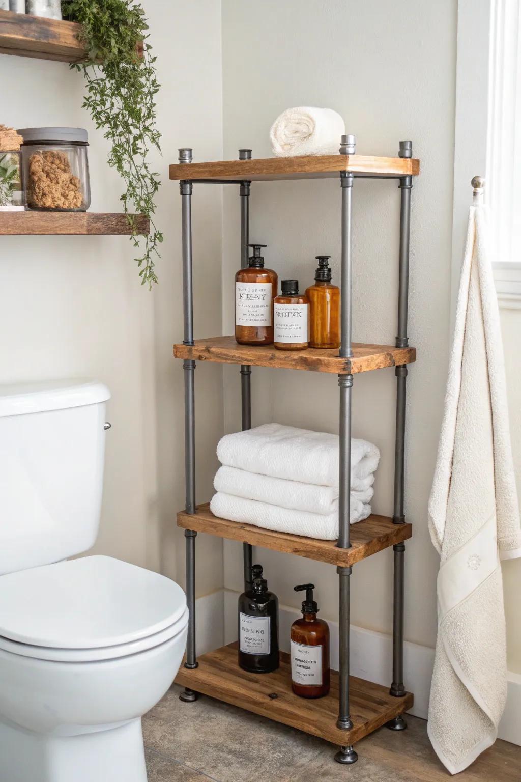 Galvanized pipe shelves above the toilet—warm wood, tidy towels, and effortless storage.