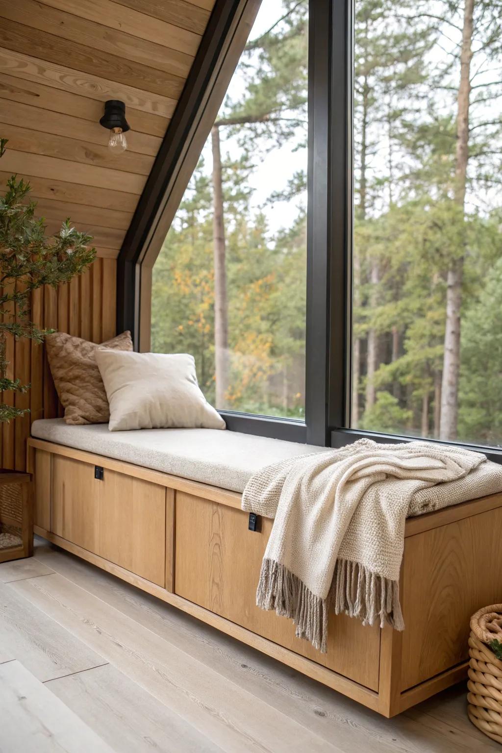 Cozy treehouse-style window bench: lift-up storage below, soft linen top, forest beyond.