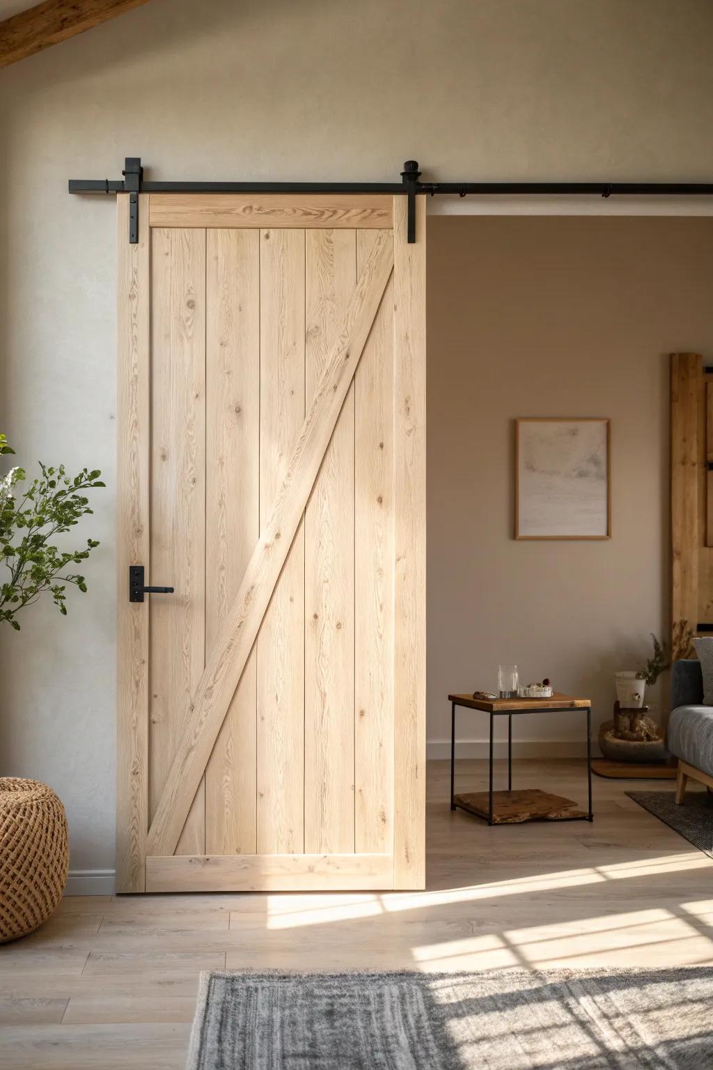 Simple white-oak sliding barn door—sleek, space-saving basement entry with warm minimal style.