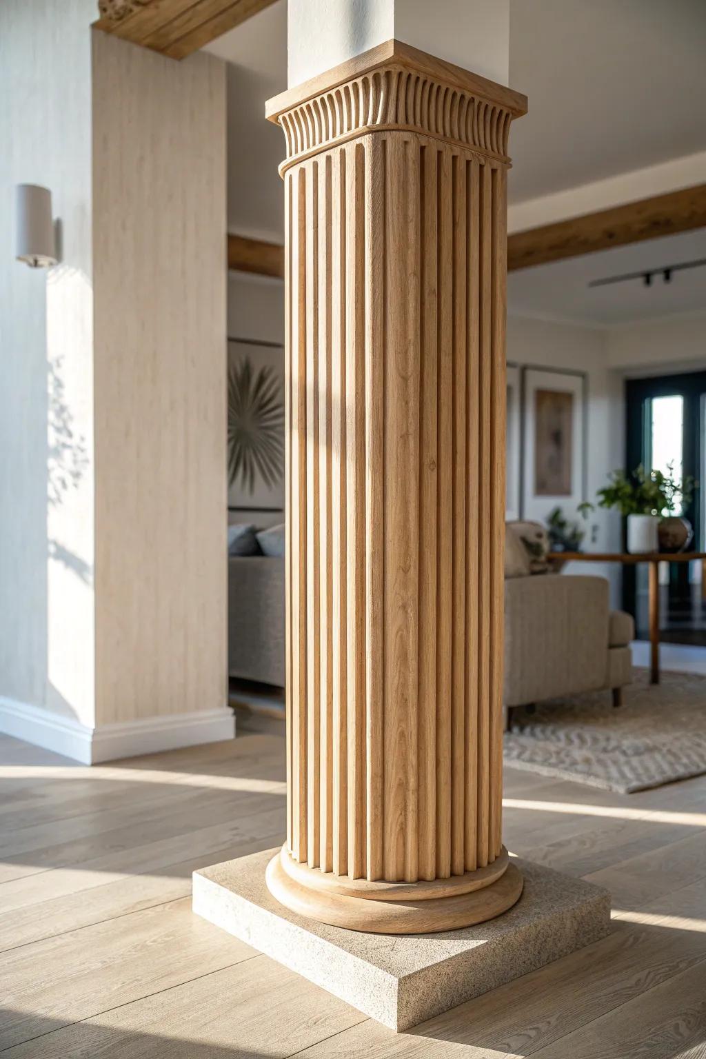 Fluted wood column wrap: clean Scandinavian lines with gorgeous shadow play in afternoon light.