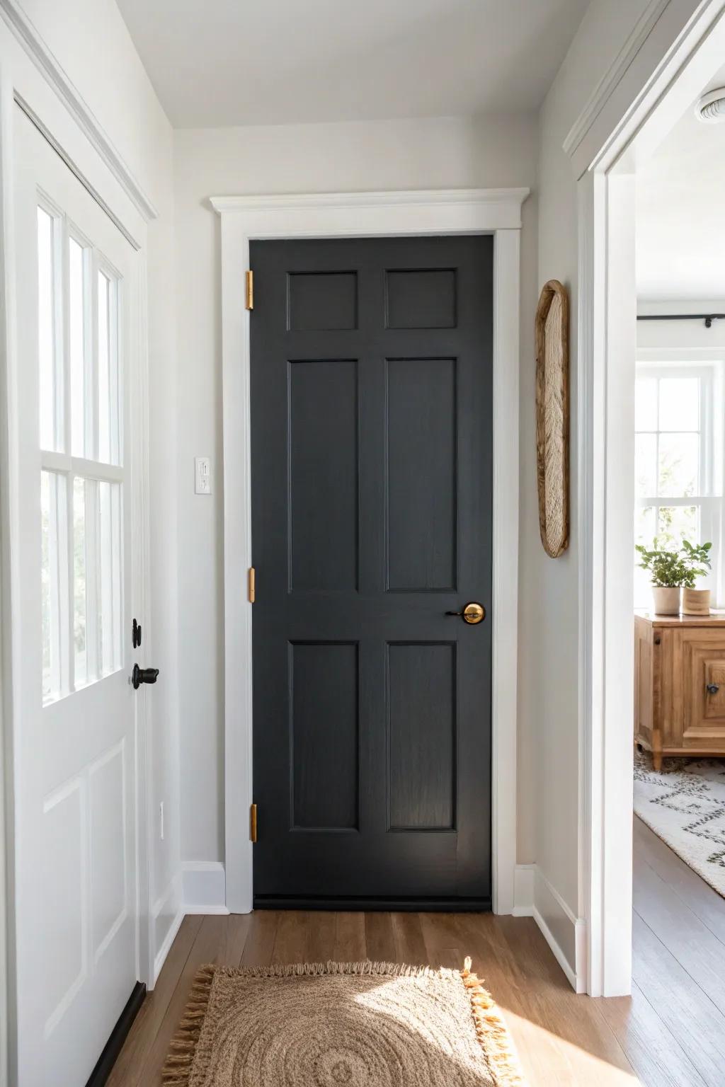 Charcoal interior door + bright white trim for a crisp, modern contrast that feels built-in.