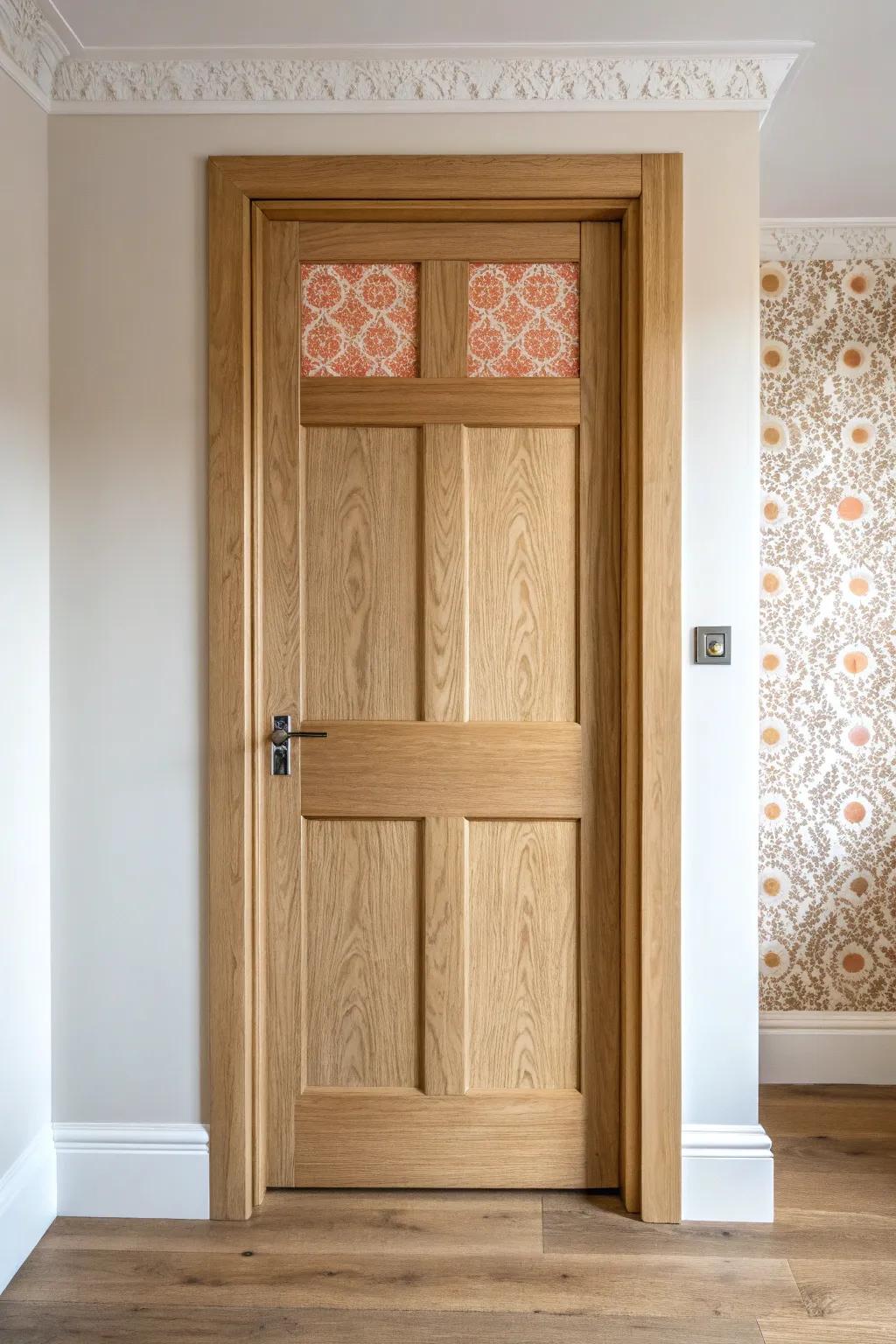Wallpaper just inside the panels turns a plain door into a subtle designer inset detail.