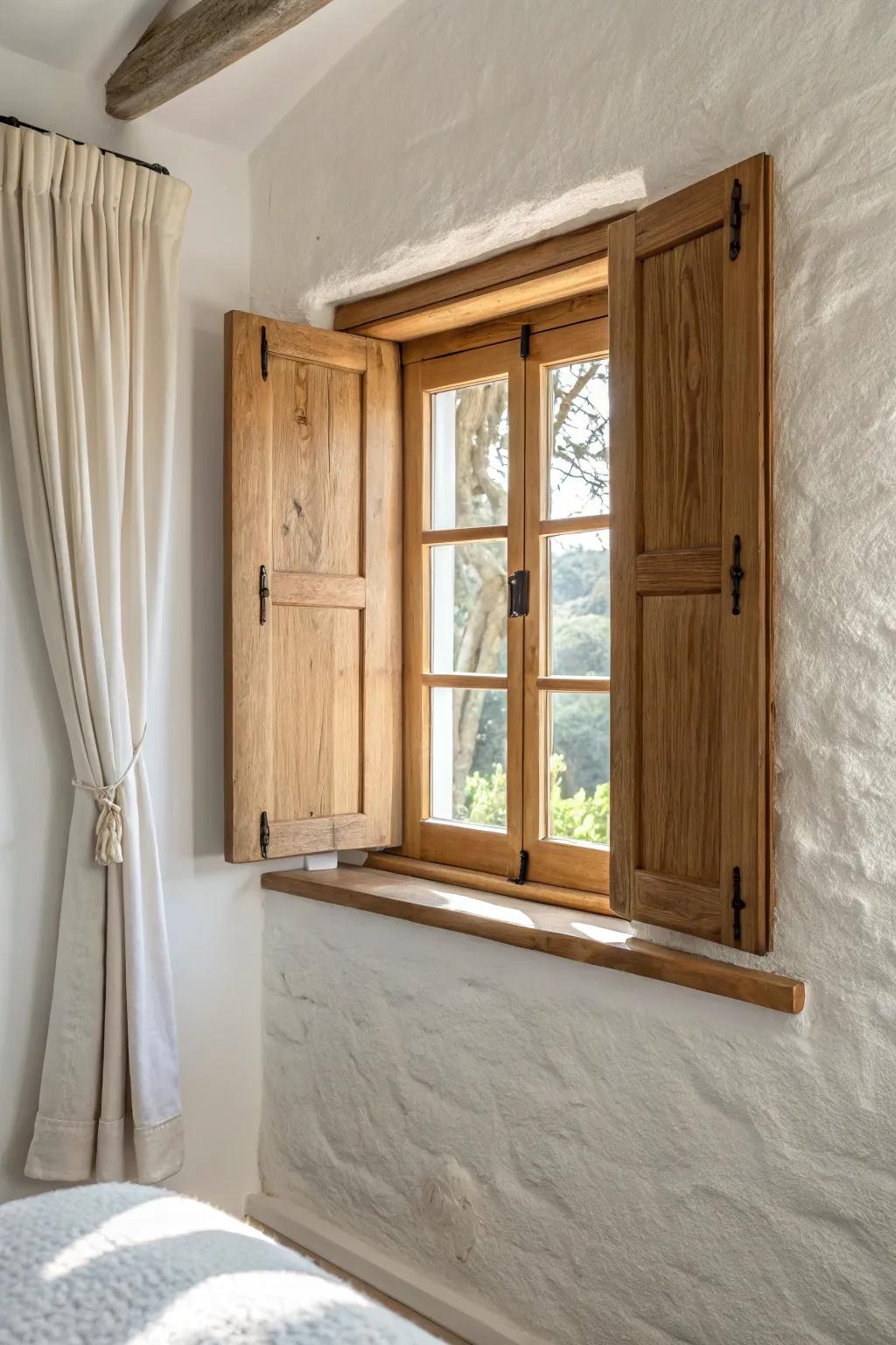 Calm, furniture-like solid panel shutters in light oak—minimal, warm, and beautifully crafted.