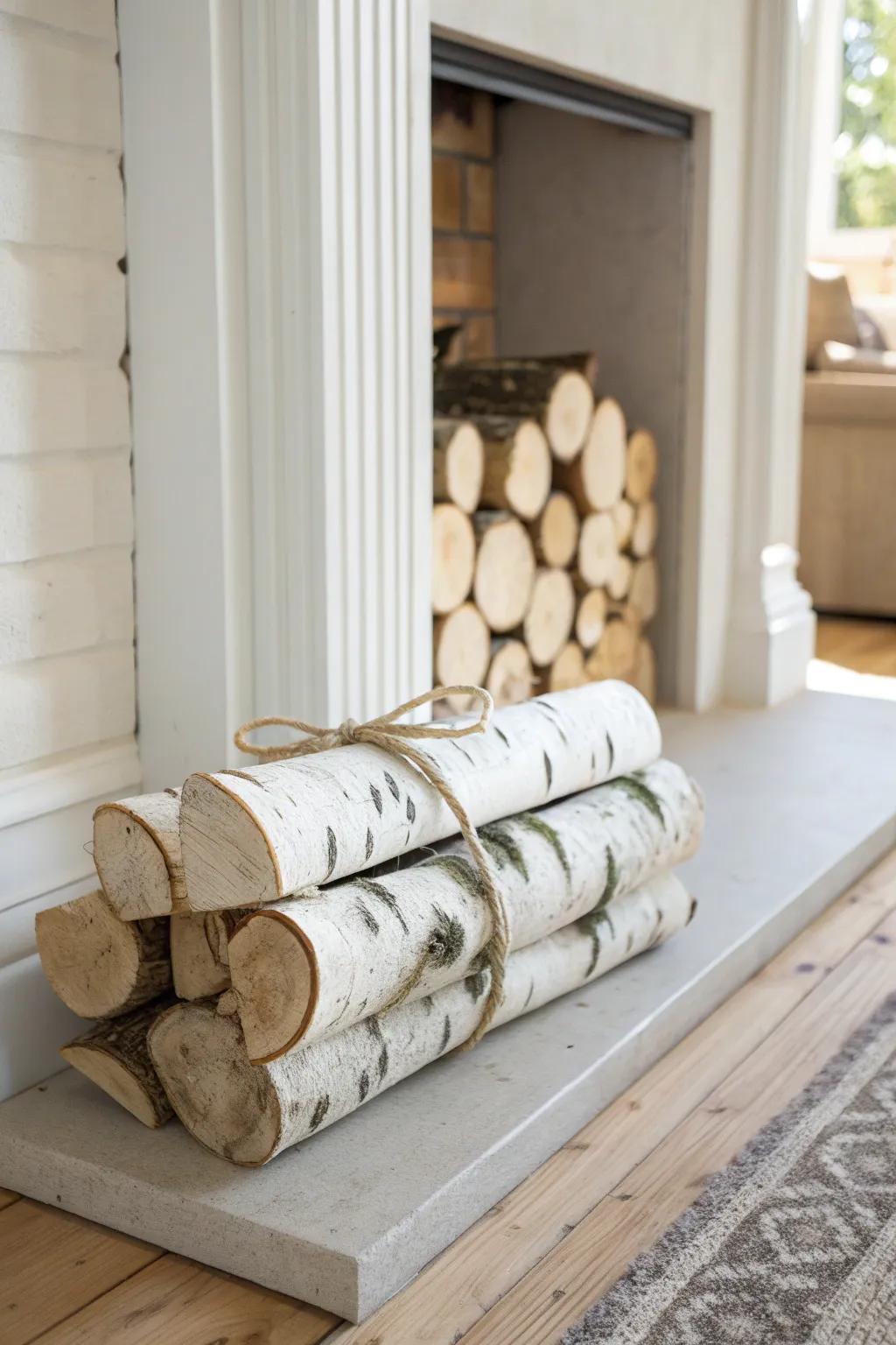 Neatly bundled birch logs on the hearth—simple January mantel decor with cozy cabin charm.