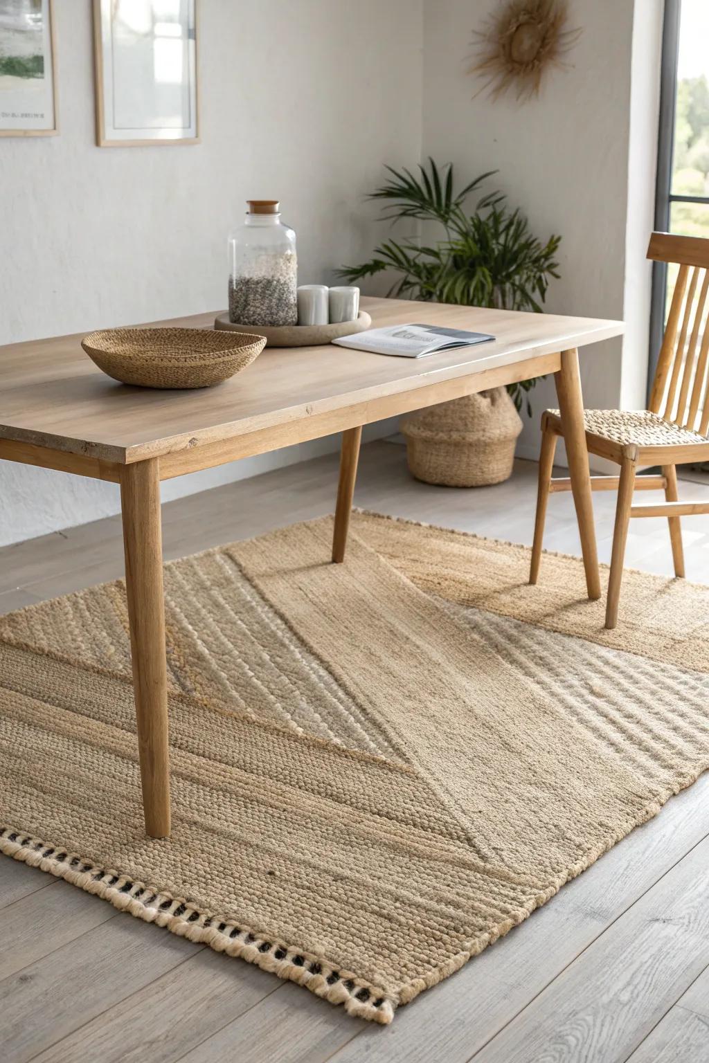 A woven jute rug that warms up light oak—soft texture, grounded Japandi calm.