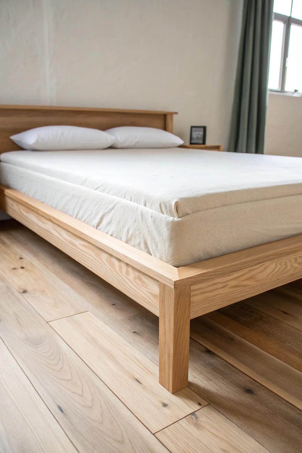 A low, floating ash platform bed keeps the room grounded—minimal lines, warm wood, calm sleep.