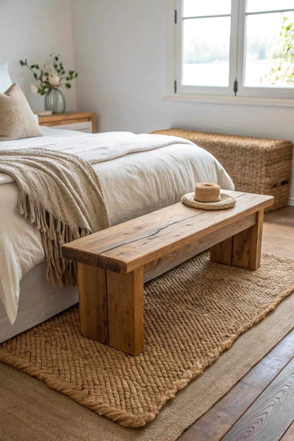 A chunky wood bench on a warm jute rug—simple, grounded, and beautifully practical.