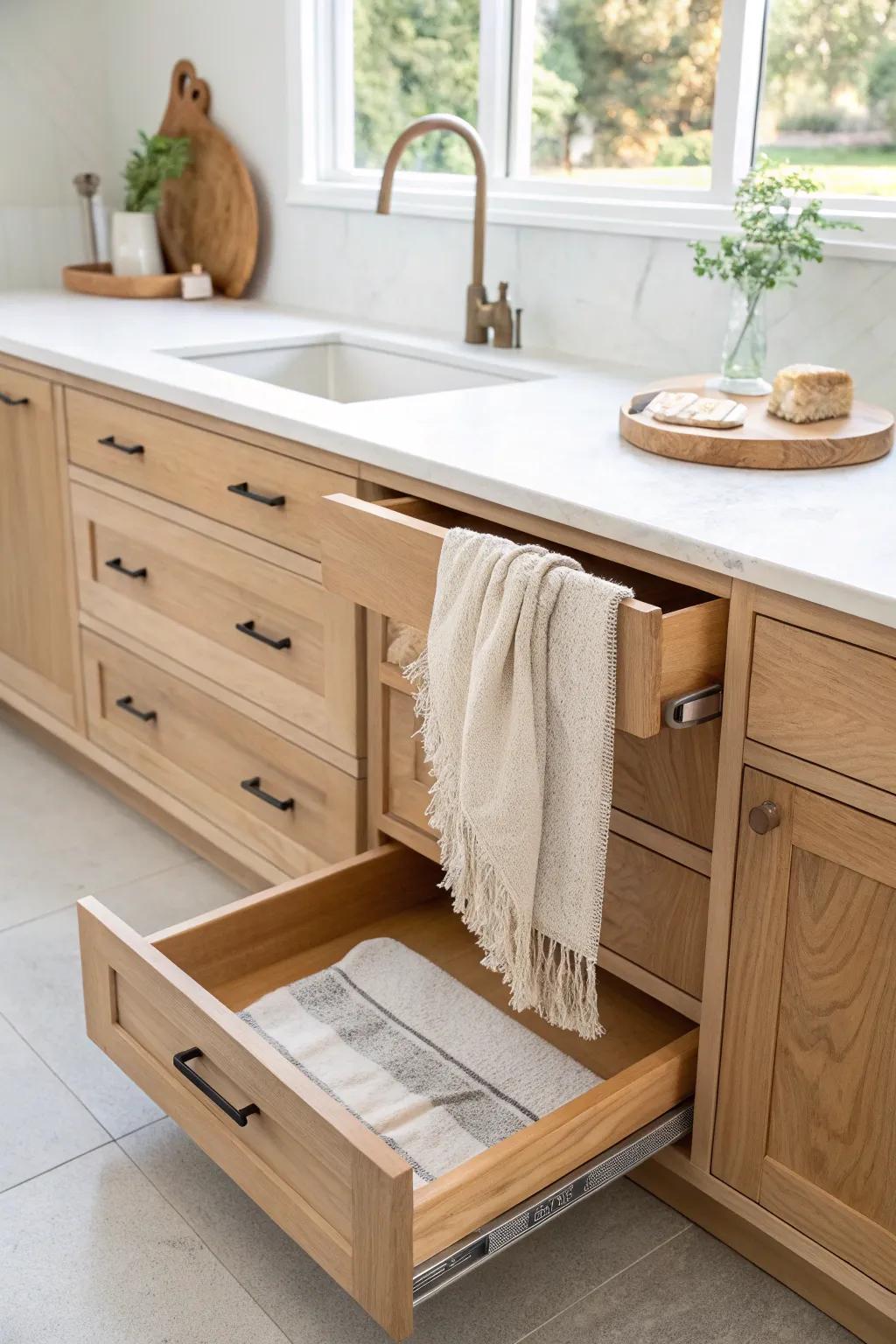 A hidden pull-out kneading shelf creates instant dough space without sacrificing counter room.