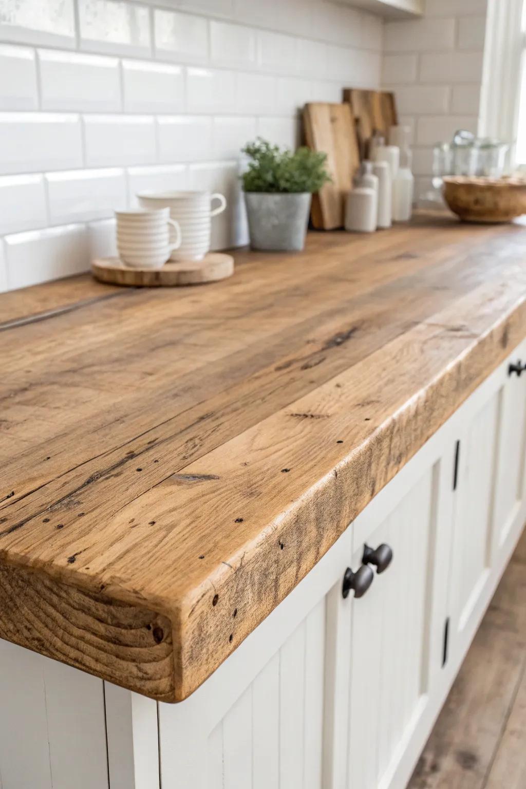 Reclaimed wood plank bar top—softly sanded, sealed food-safe, and full of rustic character.