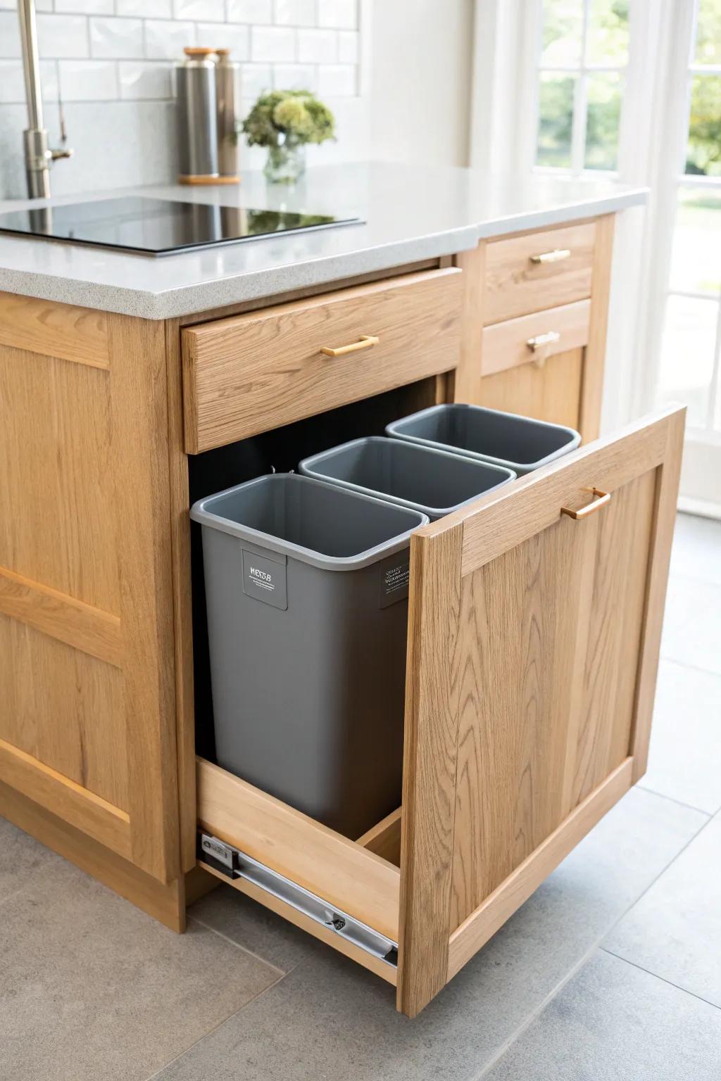 A beautiful oak pull-out station with three bins—trash, recycling, and compost—kept perfectly tidy.