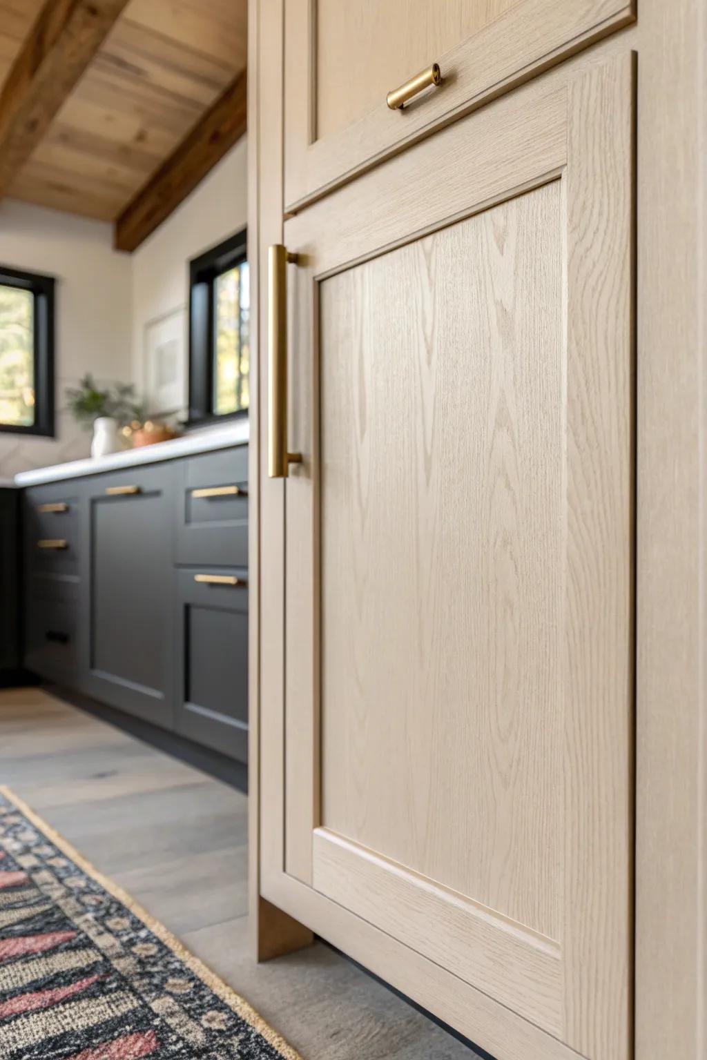 Soft beige cabinets add modern farmhouse warmth, letting wood beams and vintage rugs shine.
