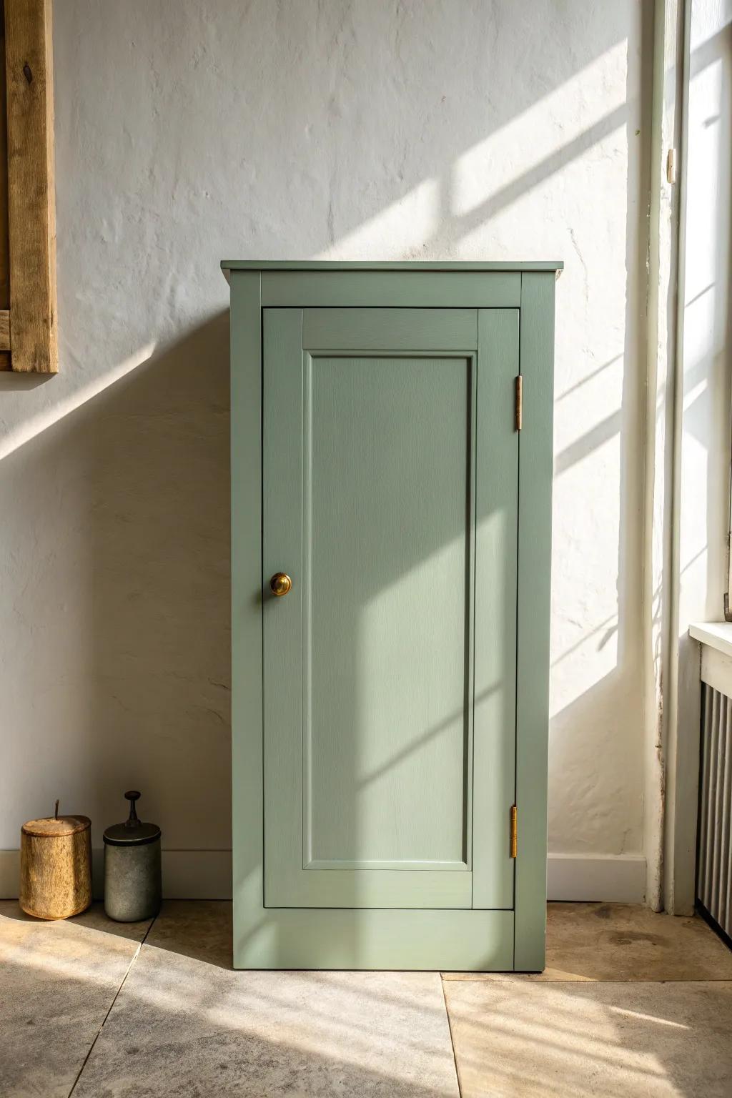 Calming sage green shaker cabinets with warm wood + simple brass hardware in bright light.