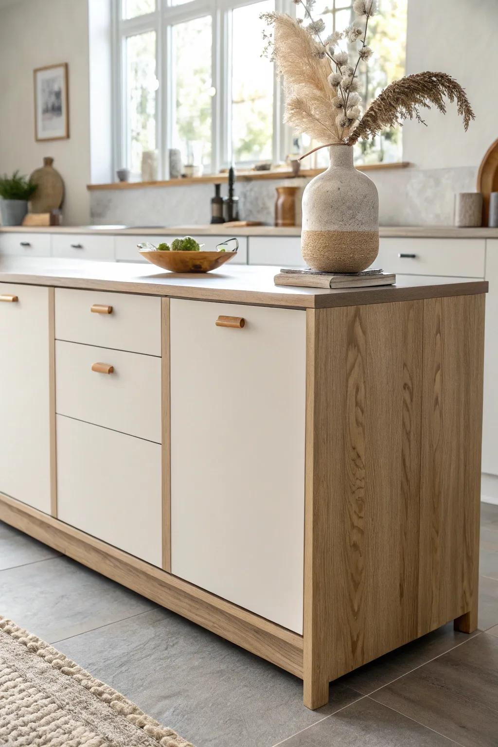 Painted cabinets meet warm oak accents for a bright kitchen that still feels inviting.