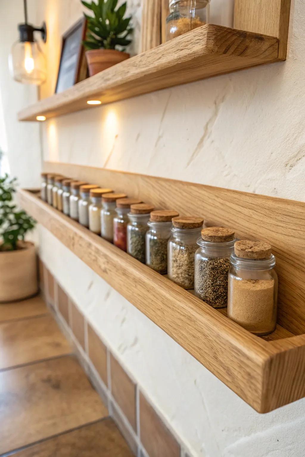 A slim oak spice ledge keeps every jar visible—organized by height for calm, faster cooking.