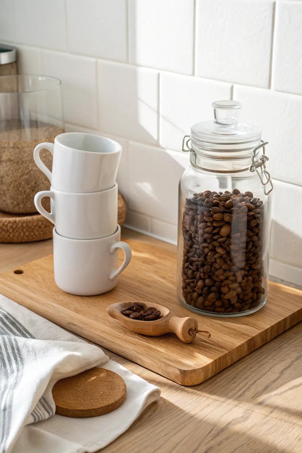 A cozy coffee corner: stacked mugs, bean jar, and a wooden scoop styled on oak.