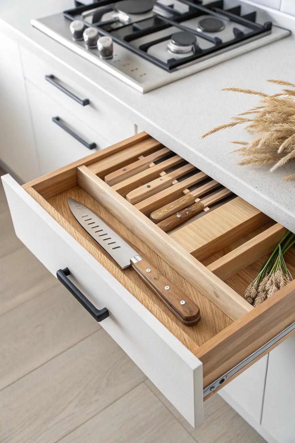 A sleek wooden knife drawer insert keeps blades secure—and your countertop beautifully clear.