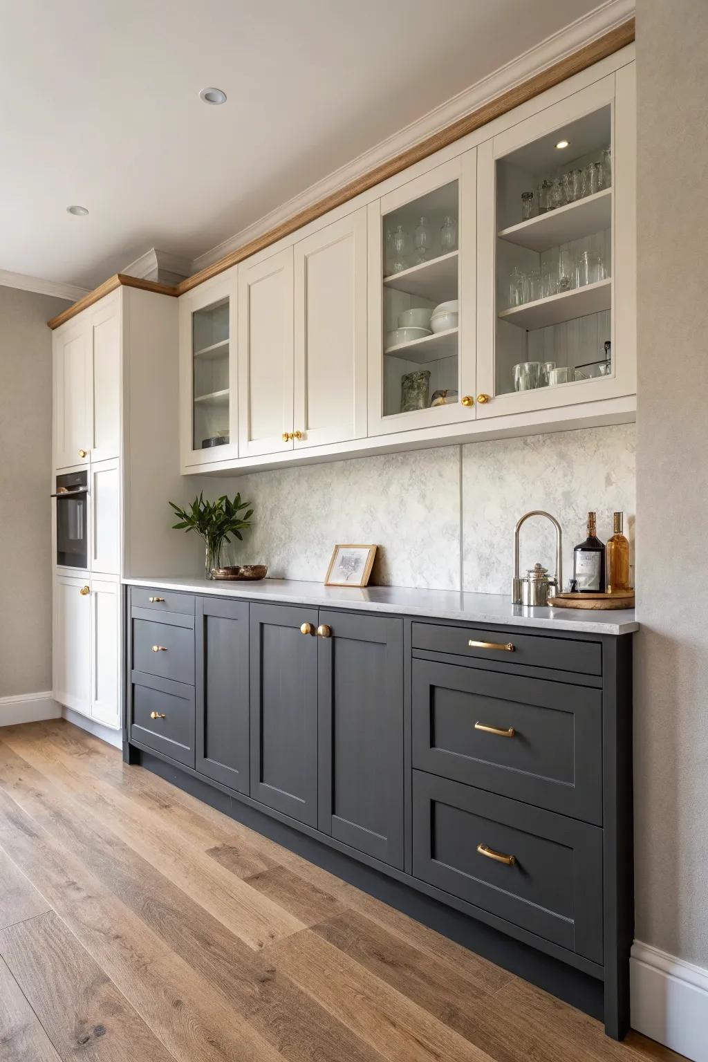Light uppers, deep lowers—two-tone cabinets glow above a warm mid-stained wood floor.