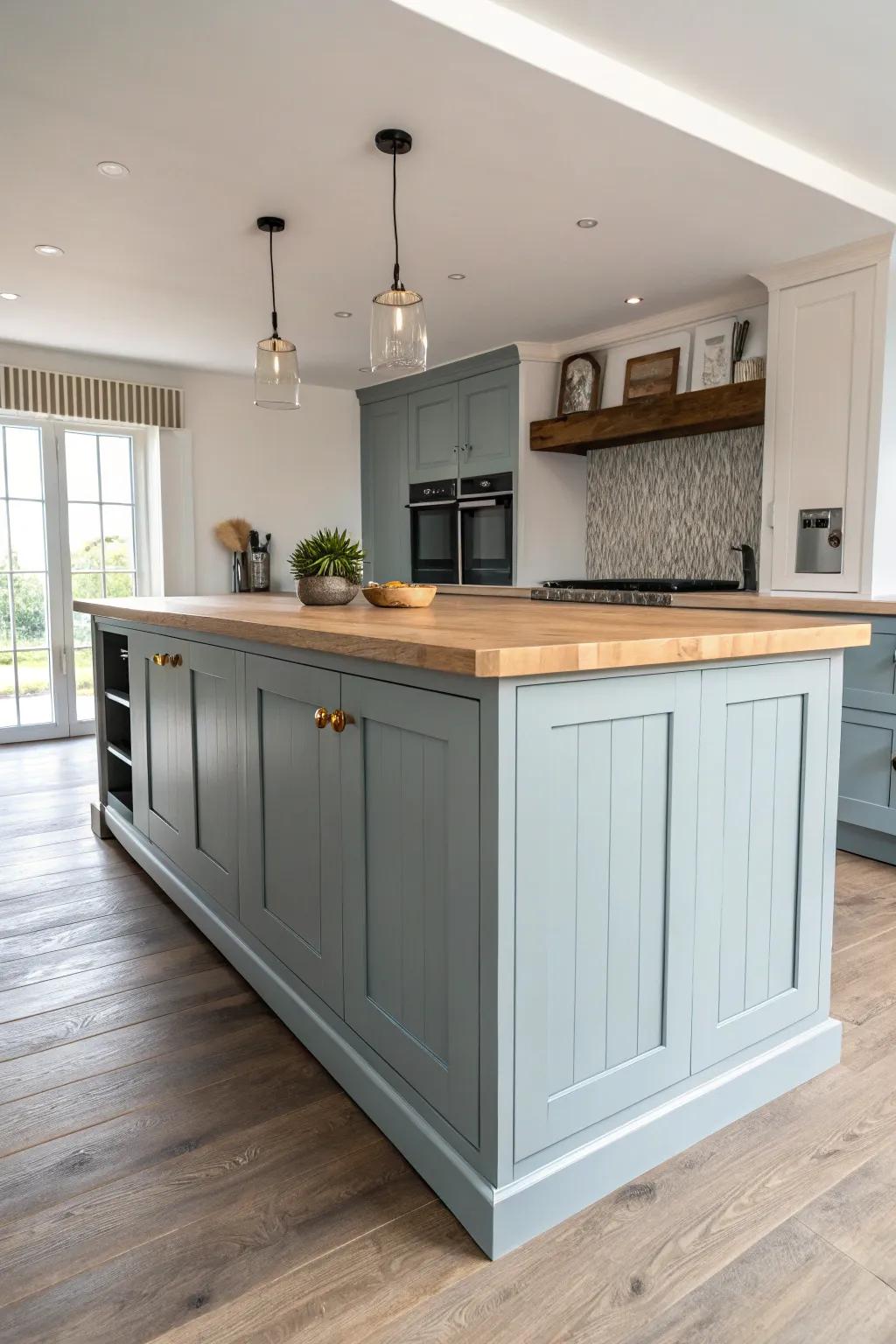 Dusty light blue island brings an airy lift against dark cabinets—classic, calm, never beachy.