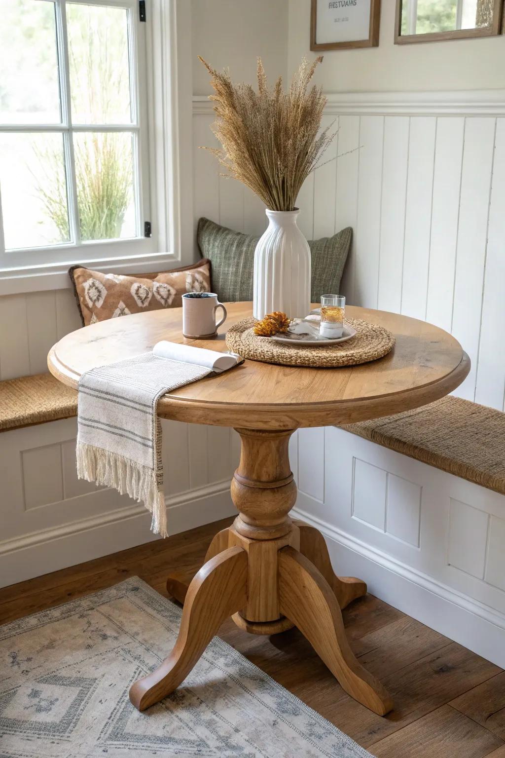 Round pedestal table: the space-saving breakfast nook hero with timeless, refinished charm.