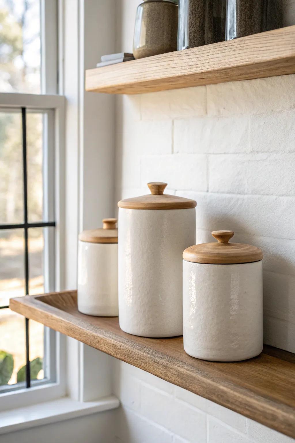 Rule of three: three handmade canisters on a warm wood shelf for instant balance.