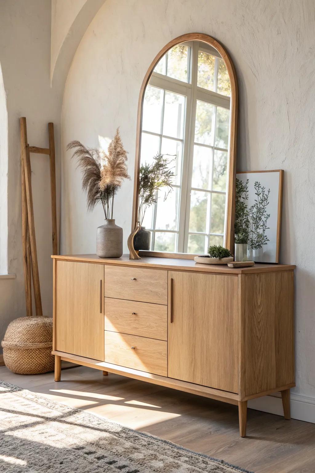 An oversized leaned mirror instantly brightens a kitchen sideboard and keeps styling beautifully simple.