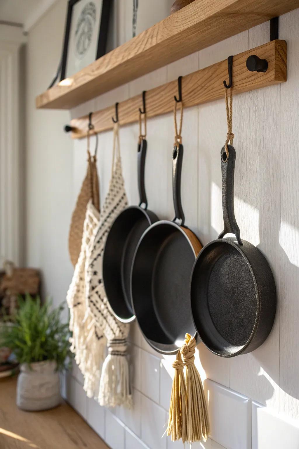 A warm oak hanging rail keeps cast-iron pans within reach—minimal, sturdy, beautiful.