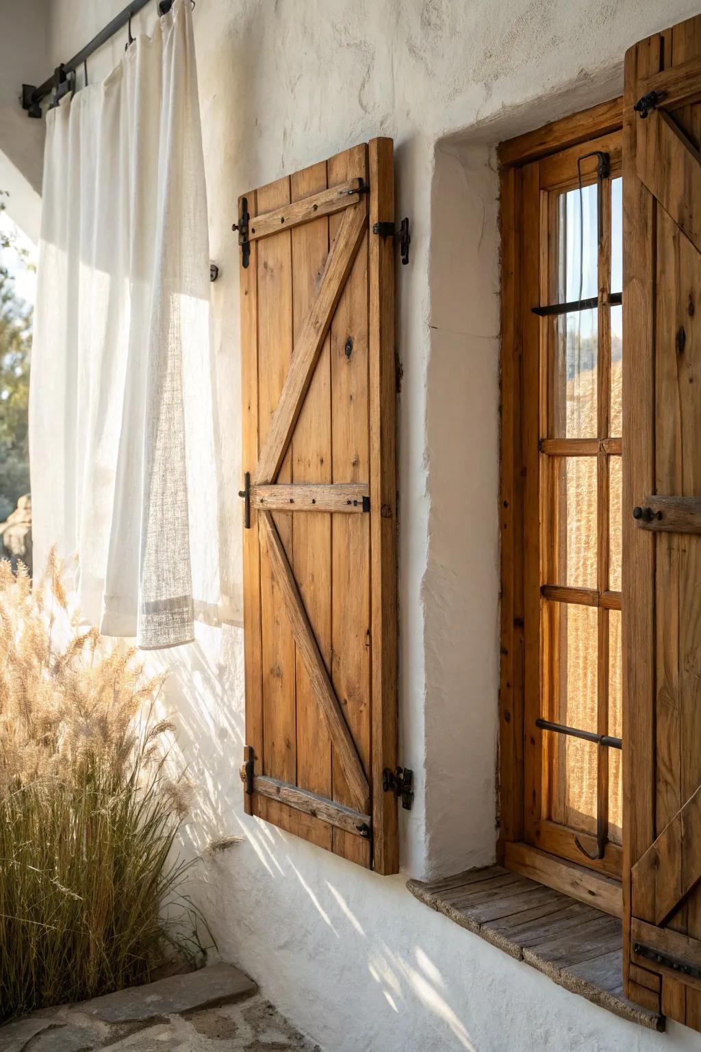 Warm medium-stained shutters that glow in morning light—simple farmhouse charm with rich grain.