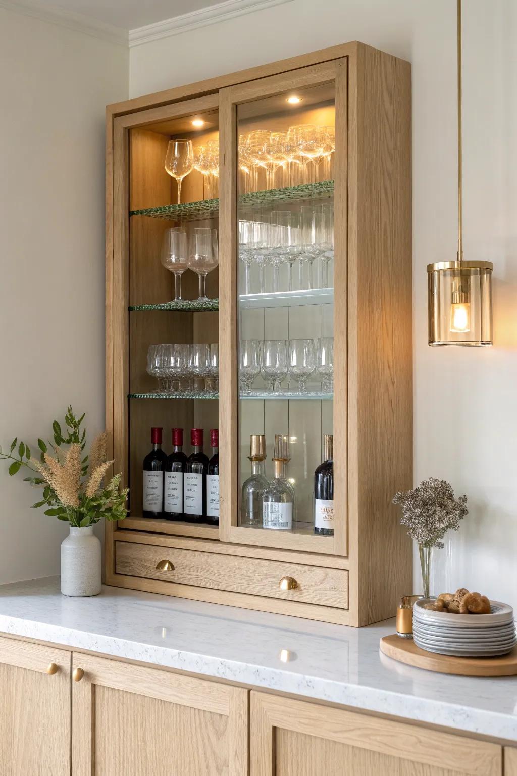 Glass-front uppers + warm LED lighting turn wine bottles and stemware into a styled display.