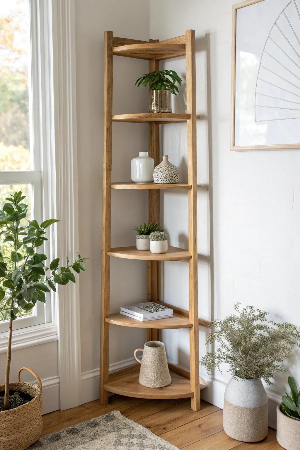 A slim corner shelf tower that turns dead space into a calm, curated knick‑knack display.